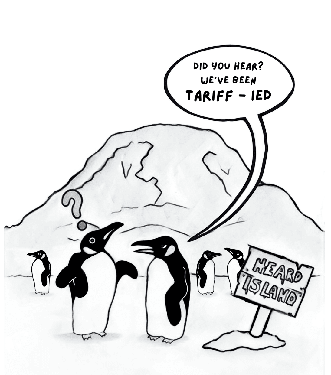 Cartoon about tariffs with penguins on an island